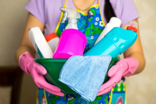 Safe carpet cleaning area with warning signs and dry zones