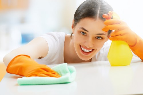 Cleaner inspecting a room for safety before carpet cleaning