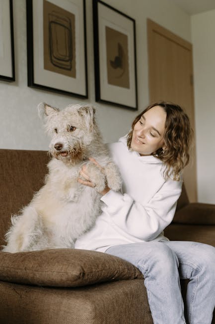 A woman with curly blonde hair wearing a beige knitted sweater is lying on a light green fabric sofa, resting her head on a white pillow. Beside her, a Siberian Husky dog with grey and white fur is ly